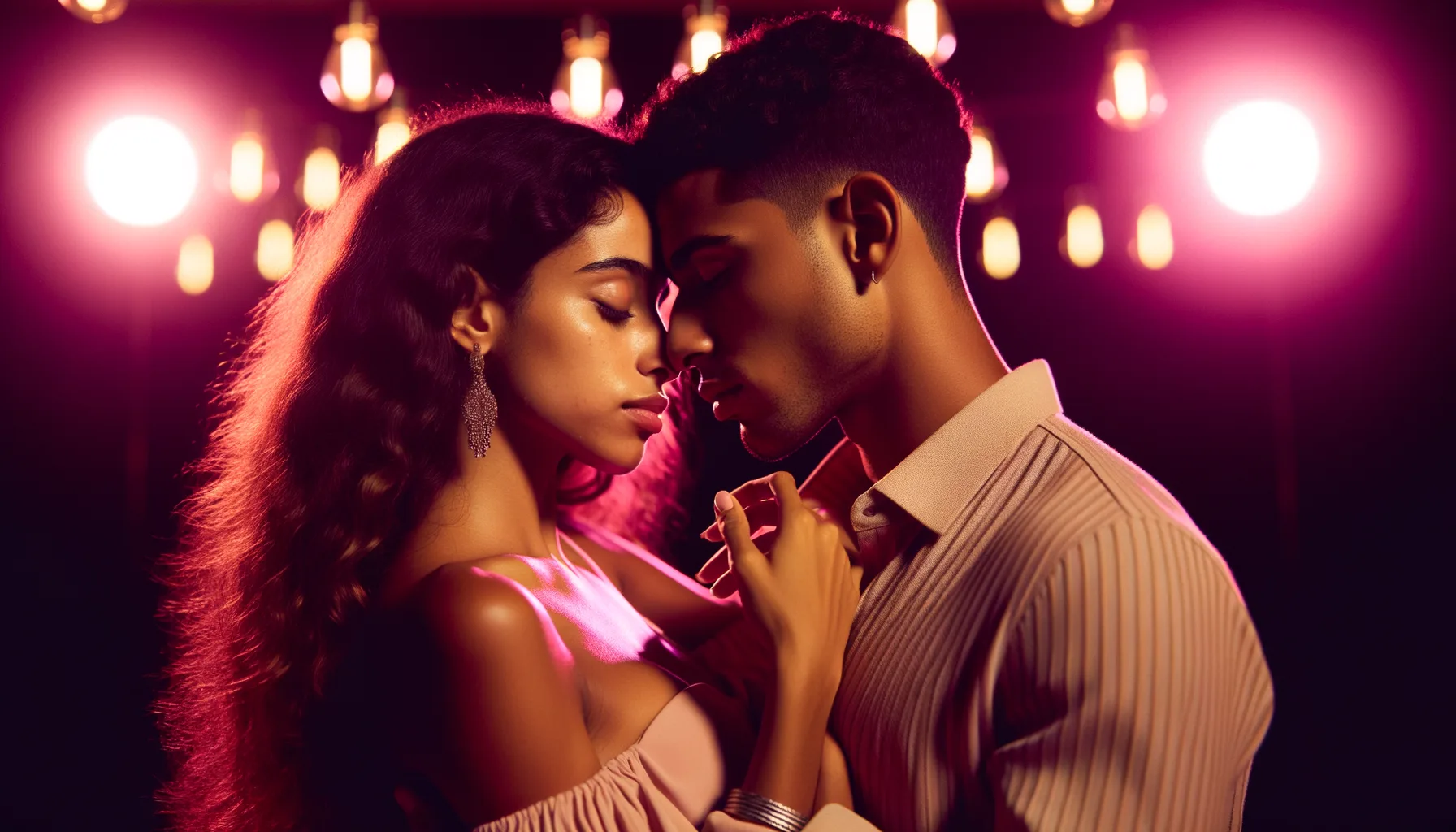 Editorial close-up of a Dominican bachata couple in intimate close embrace, foreheads touching, eyes closed. Soft tungsten light from above creates warm magenta-rose ambiance. Background: out-of-focus string lights. Color palette: magenta-rose, cream skin tones, warm browns. Port