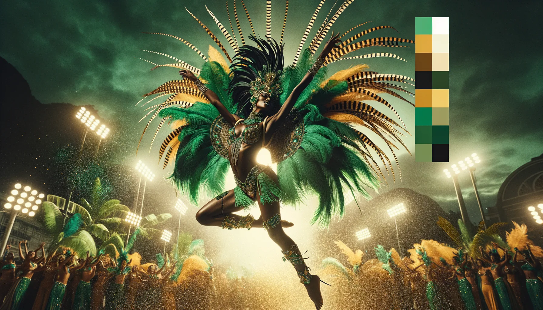 Editorial photograph of a Brazilian samba dancer mid-leap, feathers and tropical greens, side-lit dramatically. Setting: Rio de Janeiro carnival but stripped down to one figure. Color palette: emerald green, gold accents, deep cream background. Magazine editorial. 16:10. No text.