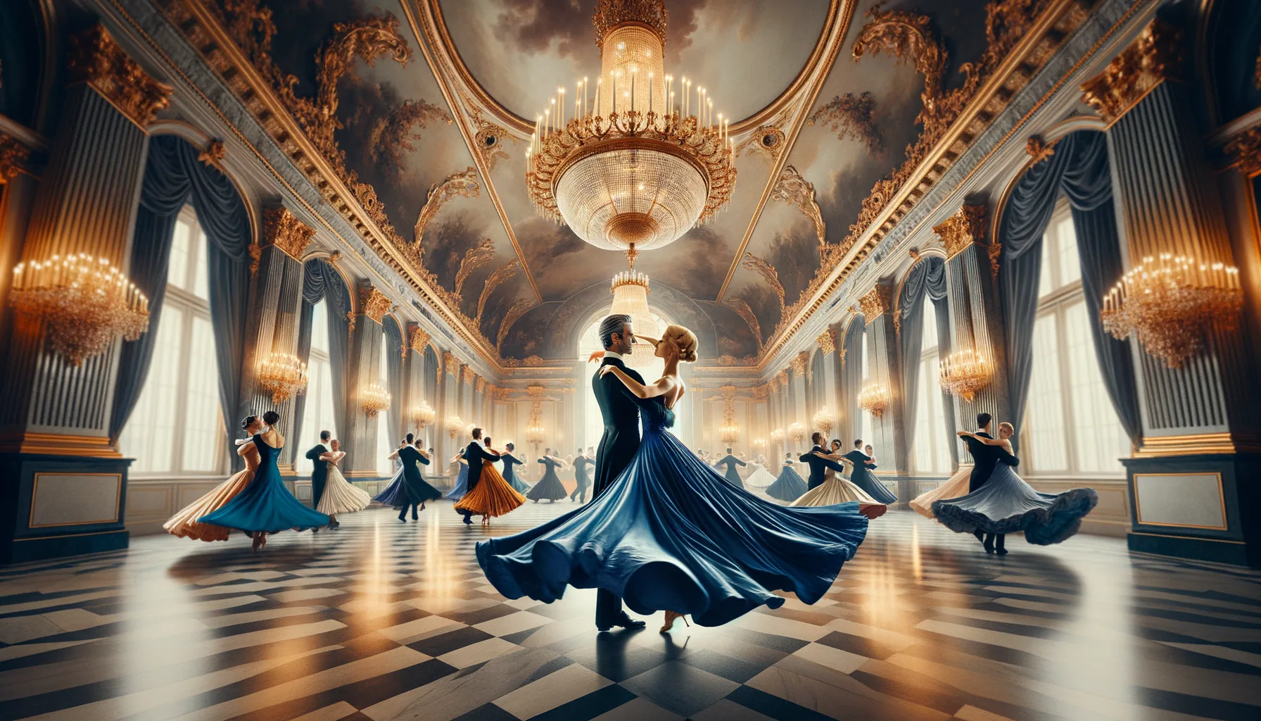 Editorial photograph of Viennese waltz couple in formal attire, womans gown spinning in motion blur, ballroom setting with chandeliers. Setting: Hofburg Palace ballroom-style. Color palette: royal blue, gold, ivory marble. Painterly quality, soft and grand. 50mm. 16:10. No text. 