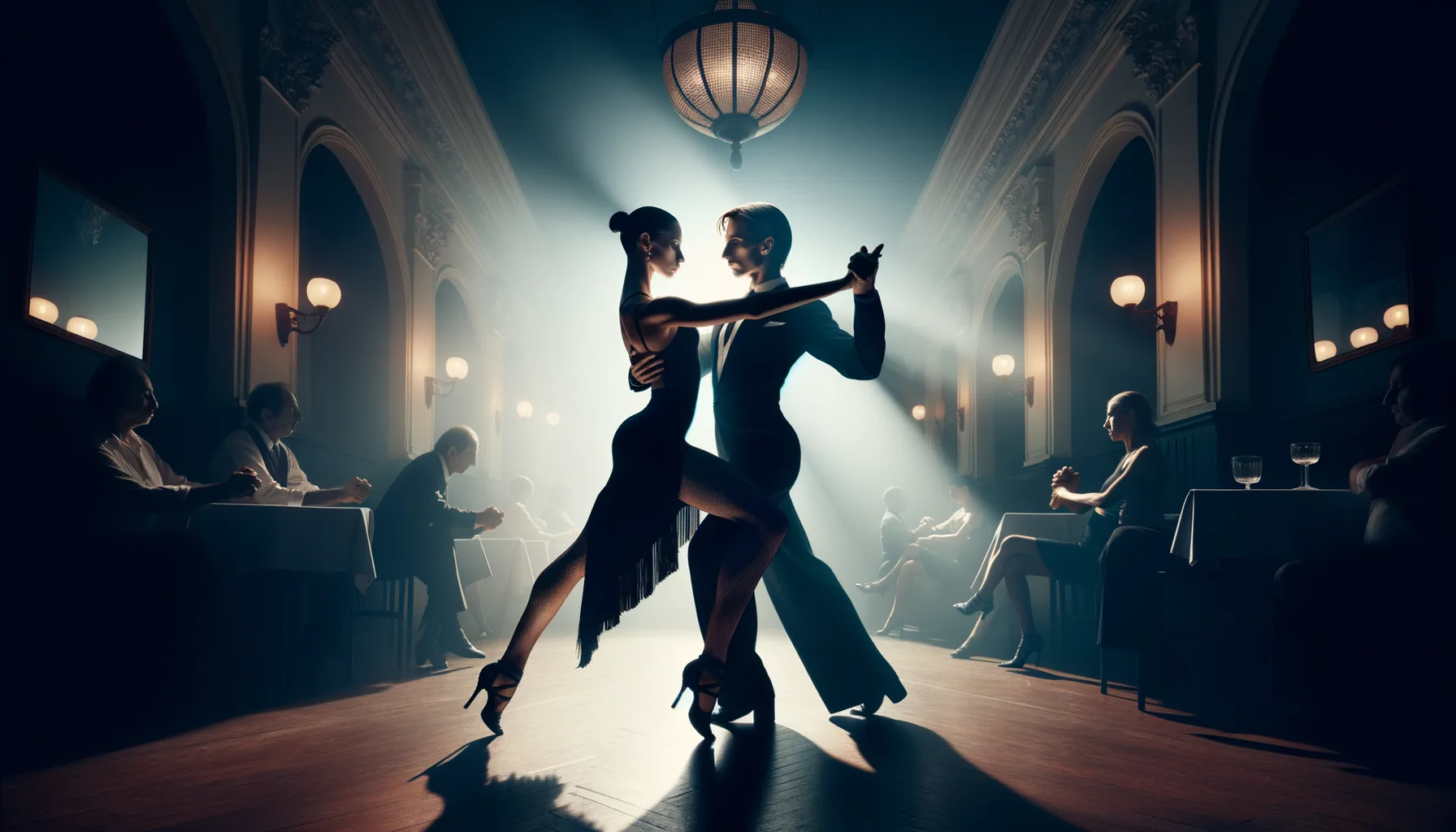 Editorial high-contrast photograph of tango couple in dramatic pose, womans leg extended in gancho, Buenos Aires milonga setting. Strong rim light from behind, faces in shadow. Color palette: midnight ink blue, wine red, ivory. Black-and-white-leaning with selective color. 50mm. 