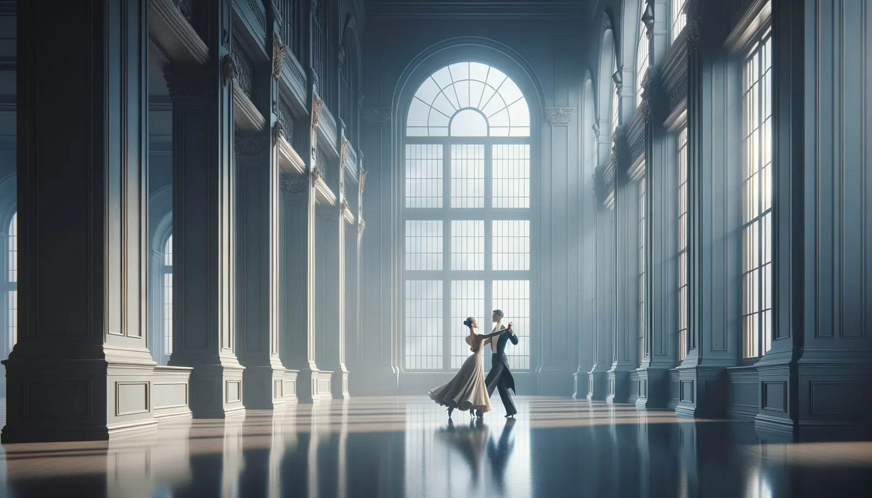 Editorial photograph of slow English waltz couple in serene closed hold, ballroom with tall windows, soft overcast light. Restraint and elegance dominant. Color palette: steel blue-grey, cream, charcoal. Minimalist composition. 50mm. 16:10. No text.